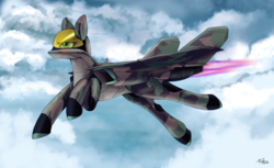 Size: 2500x1528 | Tagged: safe, alternate version, artist:andromailus, imported from twibooru, oc, oc only, original species, plane pony, pony, afterburner, chimera (aircraft), cloud, female, flying, green eyes, image, plane, png, signature, sky, solo