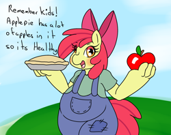 Size: 2000x1584 | Tagged: safe, artist:xskullstomperx, imported from twibooru, apple bloom, anthro, earth pony, apple, chubby, clothes, food, image, overalls, pie, png