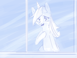 Size: 1500x1136 | Tagged: safe, artist:tiffortat, imported from twibooru, oc, oc only, oc:twill, pony, unicorn, bootleg pony, bootleg twilight, image, monochrome, png, sketch, smiling, window