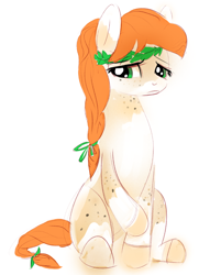 Size: 642x889 | Tagged: safe, artist:tiffortat, imported from twibooru, oc, oc only, oc:sugar root, cake pony, food pony, original species, pony, braid, female, food, hair tie, image, looking away, mare, png, ponified, sad, sitting, solo