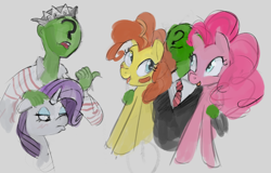 Size: 1394x891 | Tagged: safe, artist:tiffortat, imported from twibooru, pinkie pie, rarity, oc, oc:anon, earth pony, human, pony, unicorn, bootleg, bootleg pony, clothes, female, image, mare, meme, parody, png, recolor, sad, sketch, smiling, suit