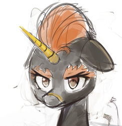 Size: 781x802 | Tagged: safe, artist:tiffortat, imported from twibooru, oc, oc only, alicorn, pony, alicorn oc, bootleg pony, female, frown, glare, horn, image, latex, latex suit, looking at you, mare, png, sketch, solo, wings