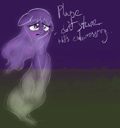 Size: 1345x1440 | Tagged: safe, artist:tiffortat, imported from twibooru, oc, oc:willa whisp, ghost, ghost pony, pony, undead, blushing, embarrassed, fanfic art, frown, image, incorporeal, outdoors, png, simple background, text, transparent background