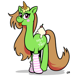 Size: 1024x1024 | Tagged: safe, artist:catfood-mcfly, imported from twibooru, oc, oc:pudding mare, goo, goo pony, original species, pony, unicorn, bootleg, bootleg pony, cherry, clothes, female, food, ice cream, ice cream cone, image, looking at you, mare, png, simple background, socks, solo, standing, tongue out, transparent background