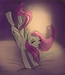 Size: 782x899 | Tagged: safe, artist:tiffortat, imported from twibooru, fluttershy, oc, oc:flutterlime, pegasus, pony, bed, bootleg pony, female, image, implied anon, jumping, mare, micro, offscreen character, png, simple background, sketch, smiling, text, tiny, tiny ponies