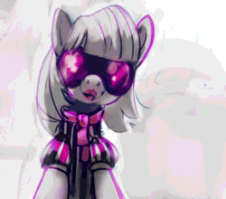 Size: 1230x1080 | Tagged: safe, artist:tiffortat, imported from twibooru, photo finish, pony, animated, blood, clothes, creepy, dress, fanfic art, female, gif, goggles, image, lipstick, looking at you, mare, solo, text