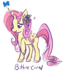 Size: 824x908 | Tagged: safe, artist:tiffortat, imported from twibooru, fluttershy, butterfly, insect, pony, unicorn, leak, cute, cutie mark, female, g5, image, mare, png, redesign, simple background, sketch, smiling, solo, standing, unshorn fetlocks, white background