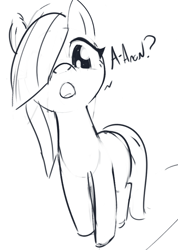 Size: 669x940 | Tagged: safe, artist:tiffortat, imported from twibooru, marble pie, oc, oc:minky, earth pony, pony, bootleg pony, cute, female, hair over one eye, image, implied anon, looking at you, mare, monochrome, offscreen character, open mouth, png, simple background, sketch, solo, standing, white background