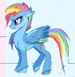 Size: 814x841 | Tagged: safe, artist:tiffortat, imported from twibooru, rainbow dash, pegasus, pony, leak, female, g5, image, mare, png, profile, redesign, simple background, smiling, solo, standing