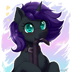 Size: 2000x2000 | Tagged: safe, artist:evomanaphy, editor:tiffortat, imported from twibooru, oc, oc only, oc:nyx, alicorn, pony, alicorn oc, banned from derpibooru, female, horn, image, looking at you, mare, mouth hold, needs more jpeg, smiling, solo, unauthorized edit, wings