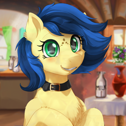 Size: 2000x2000 | Tagged: safe, artist:evomanaphy, edit, editor:tiffortat, imported from twibooru, oc, oc:milky way, banned from derpibooru, blushing, bust, collar, freckles, image, indoors, looking at you, milk, png, short mane, smiling, solo