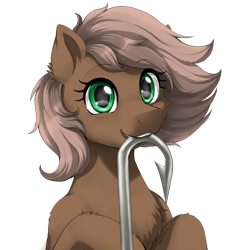 Size: 2000x2000 | Tagged: safe, artist:evomanaphy, edit, editor:tiffortat, imported from twibooru, oc, oc only, oc:bait pony, earth pony, pony, banned from derpibooru, female, hook, image, looking at you, mare, mouth hold, png, simple background, smiling, solo, transparent background