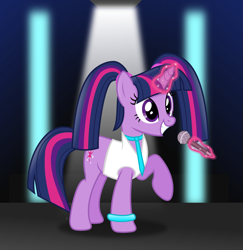 Size: 3987x4104 | Tagged: safe, artist:anime-equestria, edit, editor:drtoughlove, imported from twibooru, twilight sparkle, pony, unicorn, alternate hairstyle, bracelet, clothes, cute, cutie mark, female, happy, hatsune miku, horn, image, jacket, jewelry, levitation, lights, magic, magic aura, mare, microphone, necktie, pigtails, png, smiling, solo, stage, telekinesis, twiabetes, twibooru exclusive, twigtails, twintails, unicorn twilight, wingless, wingless edit