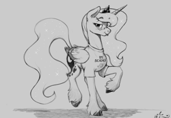 Size: 1200x831 | Tagged: safe, artist:amarynceus, edit, imported from twibooru, princess luna, alicorn, pony, clothes, cloven hooves, ethereal mane, female, gray background, grayscale, image, mare, monochrome, png, realistic horse legs, shirt, simple background, sketch, solo, starry mane, tongue out, twibooru exclusive, unshorn fetlocks