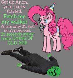 Size: 1076x1150 | Tagged: safe, artist:legendoflink, imported from twibooru, pinkie pie, oc, oc:anon, earth pony, human, pony, birthday, clothes, depression, dialogue, female, hat, image, lying down, mare, needs more jpeg, party hat, shoes