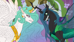 Size: 640x366 | Tagged: safe, artist:dementra369, imported from derpibooru, princess celestia, queen chrysalis, alicorn, changeling, changeling queen, pony, a canterlot wedding, alternate design, angry, crown, fangs, female, gritted teeth, horn, horns are touching, jewelry, regalia, scene interpretation, screenshot redraw