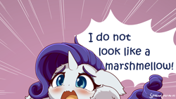 Size: 3200x1800 | Tagged: safe, artist:symbianl, edit, imported from derpibooru, rarity, pony, unicorn, adorable distress, blatant lies, crying, cute, denial, dialogue, food, marshmallow, marshmelodrama, misspelling, open mouth, raribetes, rarity being rarity, rarity is a marshmallow, wrong