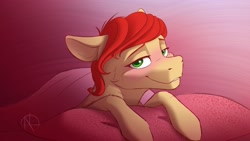 Size: 4000x2250 | Tagged: safe, artist:klarapl, imported from derpibooru, oc, oc only, pony, bed, bedroom eyes, blushing, in bed, looking at you, smiling, smiling at you, solo