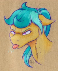 Size: 2322x2830 | Tagged: safe, artist:klarapl, imported from derpibooru, oc, oc only, oc:karoline skies, pony, ambiguous race, bust, chest fluff, female, floppy ears, freckles, high res, mare, portrait, raspberry, solo, tongue out, traditional art