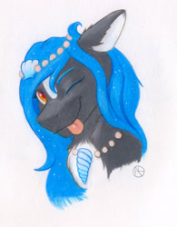 Size: 2415x3097 | Tagged: safe, artist:klarapl, imported from derpibooru, oc, oc only, pony, chest fluff, female, high res, jewelry, looking at you, mare, one eye closed, smiling, smiling at you, solo, tongue out, traditional art, wink, winking at you