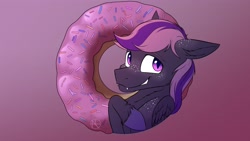 Size: 4000x2250 | Tagged: safe, artist:klarapl, imported from derpibooru, oc, oc only, oc:astonish moon, pony, bust, donut, fangs, food, freckles, looking at you, smiling, smiling at you, solo