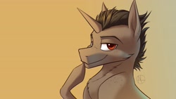 Size: 4000x2250 | Tagged: safe, artist:klarapl, imported from derpibooru, oc, oc only, pony, unicorn, bust, eyebrows, freckles, lidded eyes, looking at you, male, smiling, smiling at you, smug, solo, stallion