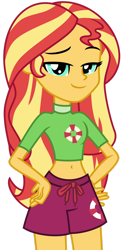 Size: 1024x2089 | Tagged: safe, artist:emeraldblast63, imported from derpibooru, sunset shimmer, human, equestria girls, belly button, board shorts, clothes, clothes swap, female, hand on hip, hands on hip, happy, lidded eyes, lifeguard, long hair, looking at you, midriff, multicolored hair, sassy, shorts, simple background, smiling, solo, solo female, swimsuit, swimsuit swap, tomboy, transparent background, turquoise eyes, vector, yellow skin