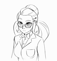 Size: 938x1001 | Tagged: artist needed, safe, imported from derpibooru, sugarcoat, equestria girls, clothes, crystal prep academy uniform, female, glasses, looking at you, monochrome, pigtails, raised eyebrow, school uniform, simple background, sketch, solo, twintails, white background