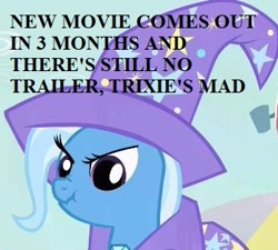 Size: 335x302 | Tagged: safe, edit, edited screencap, imported from derpibooru, screencap, trixie, pony, angry, g4, g5, impact font, in-universe pegasister, looking down, meme, mouthpiece, scrunchy face, solo, text