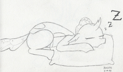 Size: 1081x633 | Tagged: safe, artist:hericks, imported from derpibooru, imported from ponybooru, ocellus, changedling, changeling, cute, cuteling, diaocelles, doodle, eyes closed, lying down, onomatopoeia, pillow, prone, sleeping, solo, sound effects, traditional art, zzz