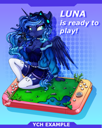 Size: 2000x2500 | Tagged: safe, artist:stainedglasslh, artist:stainedglasslighthea, imported from derpibooru, princess luna, alicorn, anthro, gamer luna, belly button, blue eyes, cat socks, choker, clothes, commission, denim shorts, female, gamer girl, headphones, high res, hoodie, midriff, nintendo, nintendo switch, shorts, socks, solo, stockings, tanktop, thigh highs, ych example, your character here