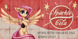 Size: 3000x1504 | Tagged: safe, alternate version, artist:setharu, imported from derpibooru, fluttershy, pegasus, pony, semi-anthro, fallout equestria, bipedal, cute, daaaaaaaaaaaw, female, high res, looking at you, mare, nuka cola, open mouth, poster, shyabetes, smiling, smiling at you, soda, solo, sparkle cola, spread wings, wings