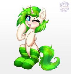 Size: 3697x3853 | Tagged: safe, artist:confetticakez, imported from derpibooru, oc, oc only, oc:vinyl mix, pony, unicorn, blushing, clothes, commission, ear fluff, eyebrows, eyebrows visible through hair, female, high res, looking at you, mare, one eye closed, open mouth, simple background, sitting, smiling, smiling at you, socks, solo, striped socks, white background, wink, winking at you