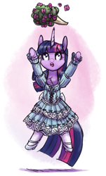 Size: 907x1500 | Tagged: safe, artist:king-kakapo, imported from derpibooru, twilight sparkle, pony, unicorn, /mlp/, bouquet, clothes, dress, flower, jumping, solo, unicorn twilight