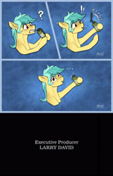 Size: 2787x4329 | Tagged: safe, artist:helmie-art, artist:helmie-d, imported from derpibooru, oc, oc only, oc:karoline skies, earth pony, pony, ..., bust, comic, curb your enthusiasm, exclamation point, eye clipping through hair, eyebrows, eyebrows visible through hair, female, freckles, grenade, high res, mare, mouth hold, ponified, portrait, question mark, smoke grenade, stern, this will end in tears