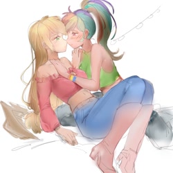Size: 1024x1024 | Tagged: safe, artist:卯卯七, imported from derpibooru, applejack, rainbow dash, human, equestria girls, appledash, applejack's hat, bare shoulders, boots, clothes, cowboy hat, cuddling, female, hand on chest, hand on shoulder, hat, human coloration, humanized, imminent kissing, lesbian, ponytail, shipping, shoes, short shirt, simple background, sleeveless, white background