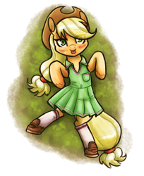 Size: 1043x1280 | Tagged: safe, artist:king-kakapo, imported from derpibooru, applejack, earth pony, pony, /mlp/, :p, applejack's hat, blushing, clothes, cowboy hat, cute, drawthread, dress, hat, jackabetes, lying down, shoes, socks, solo, stetson, tongue out