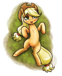 Size: 1043x1280 | Tagged: safe, alternate version, artist:king-kakapo, imported from derpibooru, applejack, earth pony, pony, /mlp/, :p, blushing, cowboy hat, cute, drawthread, female, hat, jackabetes, lying down, mare, solo, stetson, tongue out