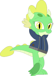 Size: 2525x3537 | Tagged: safe, artist:ponygamer2020, artist:porygon2z, imported from derpibooru, oc, oc only, oc:jade, dragon, fallout equestria, clothes, crossed legs, dragon oc, fallout, feet, female, happy, high res, jumpsuit, looking at you, simple background, smiling, smiling at you, solo, teeth, transparent background, vault suit, vector