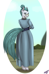 Size: 2000x3000 | Tagged: safe, artist:wolfmask, imported from derpibooru, cloudy quartz, anthro, glasses, high res, long dress, looking at you, looking back, tail