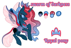 Size: 1596x1080 | Tagged: safe, artist:jvartes6112, imported from derpibooru, oc, oc only, oc:swarm of darkness, changedling, changeling, changepony, hybrid, pony, changedling oc, changedling queen, changeling oc, ethereal mane, female, interspecies offspring, offspring, parent:pharynx, parent:princess luna, parents:lunarynx, reference sheet, simple background, solo, starry mane, transparent background