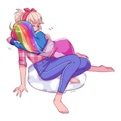 Size: 1024x1024 | Tagged: safe, artist:卯卯七, imported from derpibooru, applejack, rainbow dash, human, equestria girls, action lines, appledash, barefoot, beanbag, clothes, cuddling, eyes closed, feet, female, flannel, hairband, headband, hug, human coloration, humanized, jacket, jeans, leaning on someone, lesbian, pants, shipping, simple background, skirt, white background