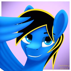 Size: 2048x2048 | Tagged: safe, artist:dash wang, imported from derpibooru, oc, oc only, pegasus, pony, grin, high res, looking at you, male, pegasus oc, salute, smiling, smiling at you, solo, stallion, wing hands, wings