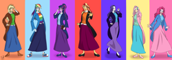 Size: 4600x1600 | Tagged: safe, artist:bidzinha, imported from derpibooru, applejack, fluttershy, pinkie pie, rainbow dash, rarity, sci-twi, sunset shimmer, twilight sparkle, equestria girls, book, boots, cloak, clothes, converse, glasses, hair bun, humane five, humane seven, humane six, long skirt, shoes, skirt, sneakers, striped sweater, sweater