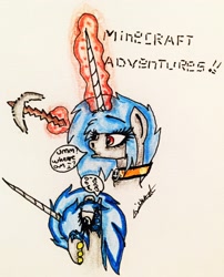 Size: 2136x2650 | Tagged: safe, artist:beamybutt, imported from derpibooru, oc, oc only, oc:moonbeam, oc:trixie, pony, bust, collar, dialogue, ear piercing, female, glowing horn, high res, horn, iron pickaxe, magic, mare, minecraft, pickaxe, piercing, signature, telekinesis, traditional art