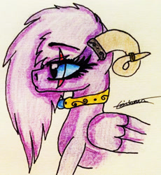 Size: 1981x2157 | Tagged: safe, artist:beamybutt, imported from derpibooru, oc, oc only, pegasus, pony, bust, collar, eye scar, eyelashes, female, horns, mare, pegasus oc, scar, signature, traditional art, wings