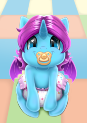 Size: 730x1035 | Tagged: safe, artist:brightroom, imported from derpibooru, oc, oc only, oc:chroma wave, alicorn, bat pony, bat pony alicorn, pony, baby, baby pony, bat eyes, bat wings, commission, cute, cute baby, cutie mark diapers, daaaaaaaaaaaw, decorated diaper, diaper, diapered, diapered filly, female, filly, happy baby, horn, looking at you, pacifier, smiling, smiling at you, solo, white diaper, wings, ych result