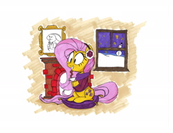 Size: 2200x1700 | Tagged: safe, artist:starpaintart, imported from derpibooru, fluttershy, pegasus, pony, clothes, cup, cute, earmuffs, fireplace, night, shyabetes, sitting, snow, snowman, solo, sweater, teacup, traditional art, winter