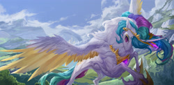 Size: 4500x2210 | Tagged: safe, artist:makkah, imported from derpibooru, princess celestia, alicorn, pony, colored wings, colored wingtips, female, fluffy, high res, mare, solo, spread wings, wings