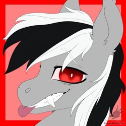 Size: 768x768 | Tagged: safe, alternate version, artist:dragonwithcoffee, imported from derpibooru, oc, oc:stormdancer, bat pony, vampire, vampony, bat pony oc, bat wings, bust, cute, fangs, grin, portrait, red eyes, smiling, tongue out, wings